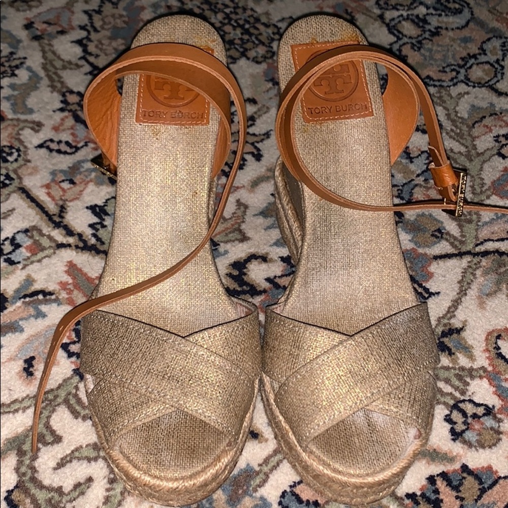 Tory Burch Gold and Tan Espadrilles